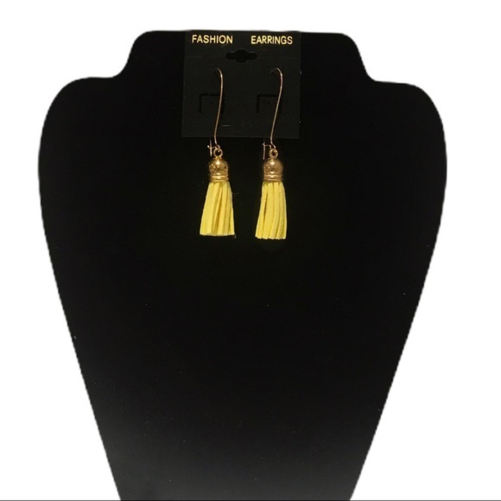 Handmade yellow leather tassel brass gold hook earrings